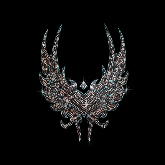 Blue Tribal Angel Wings Iron On Rhinestone Bling Design